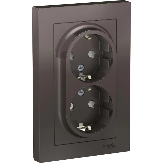 Розетка двойная SCHNEIDER ELECTRIC ATLASDESIGN с заземлением, со шторками, в сборе, мокко ATN000626
