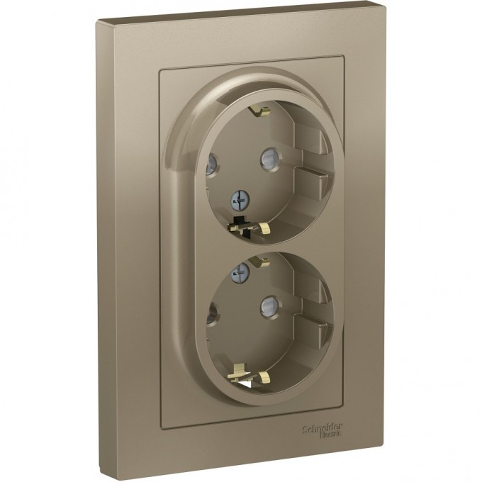 Розетка двойная SCHNEIDER ELECTRIC ATLASDESIGN с заземлением, со шторками, в сборе, шампань ATN000526 Розетка двойная SCHNEIDER ELECTRIC ATLASDESIGN с заземлением, со шторками, в сборе, шампань ATN000526